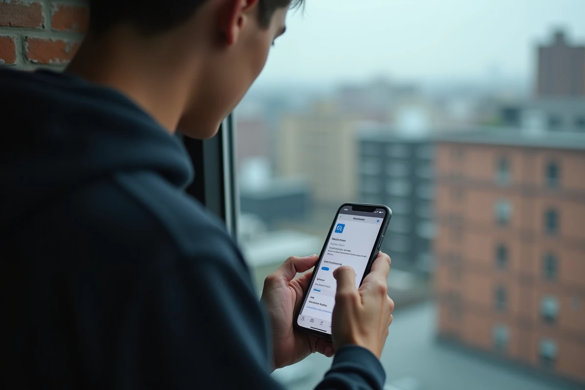 Jeune adulte supprimant définitivement un compte Microsoft depuis un smartphone près d'une fenêtre urbaine