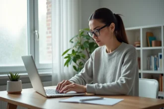 Femme supprimant son compte Microsoft sur un ordinateur portable dans un bureau à domicile minimaliste