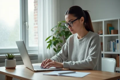 Femme supprimant son compte Microsoft sur un ordinateur portable dans un bureau à domicile minimaliste