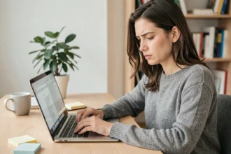Femme utilisant des raccourcis clavier sur un ordinateur portable pour supprimer une page blanche dans Word