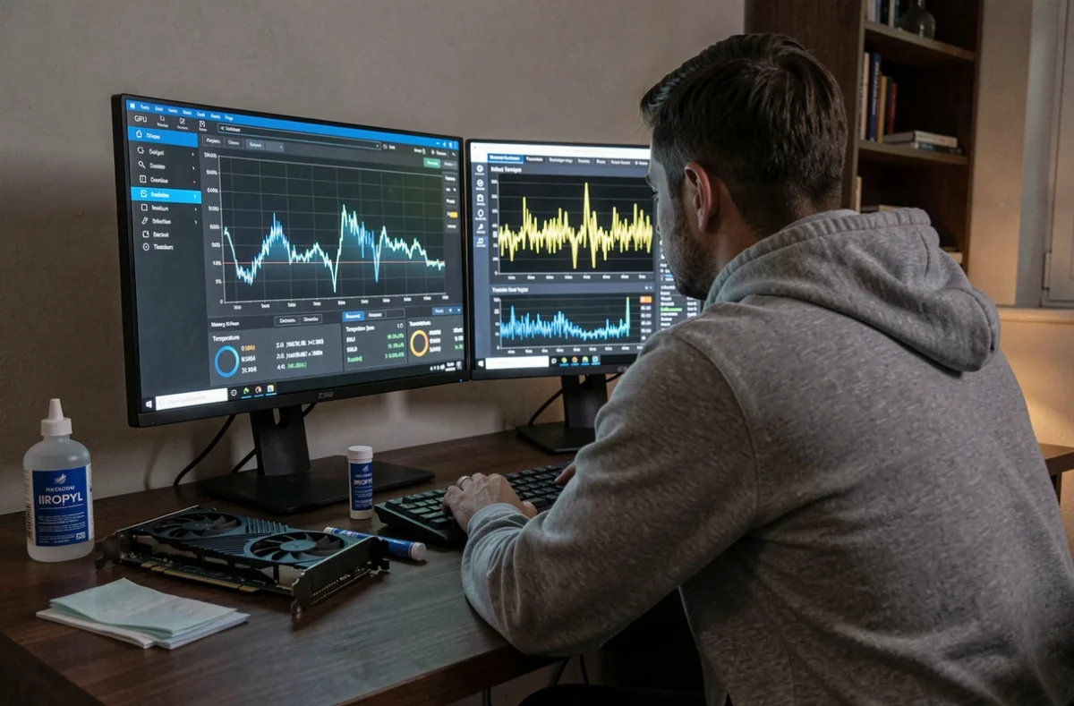 Utilisateur observant des graphiques de surtempérature GPU sur un double écran, avec une carte graphique démontée et de la pâte thermique posées sur le bureau