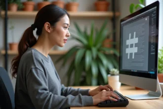 Femme tapant le symbole dièse sur un clavier d'ordinateur de bureau dans un bureau à domicile moderne