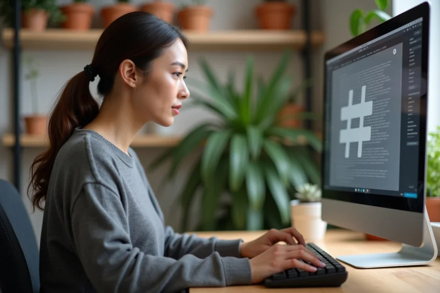 Femme tapant le symbole dièse sur un clavier d'ordinateur de bureau dans un bureau à domicile moderne