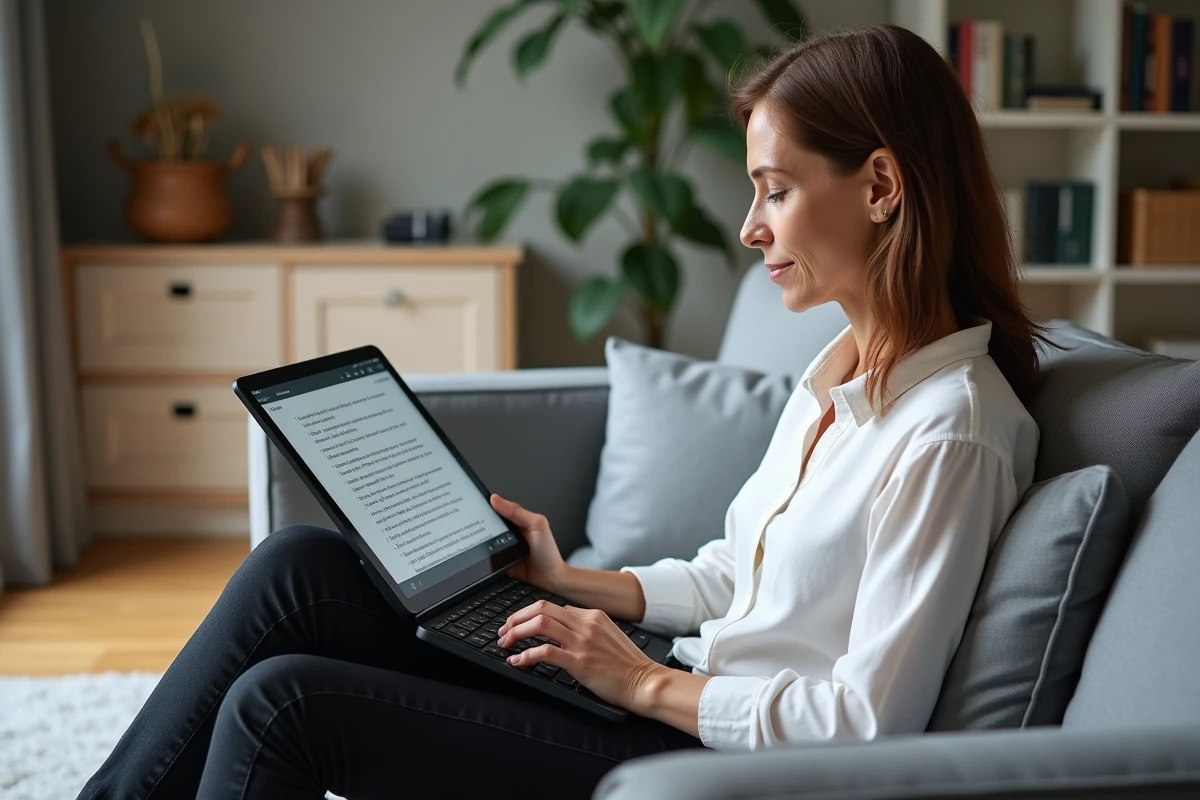 Femme utilisant une tablette avec clavier Bluetooth pour insérer un symbole dièse dans un document