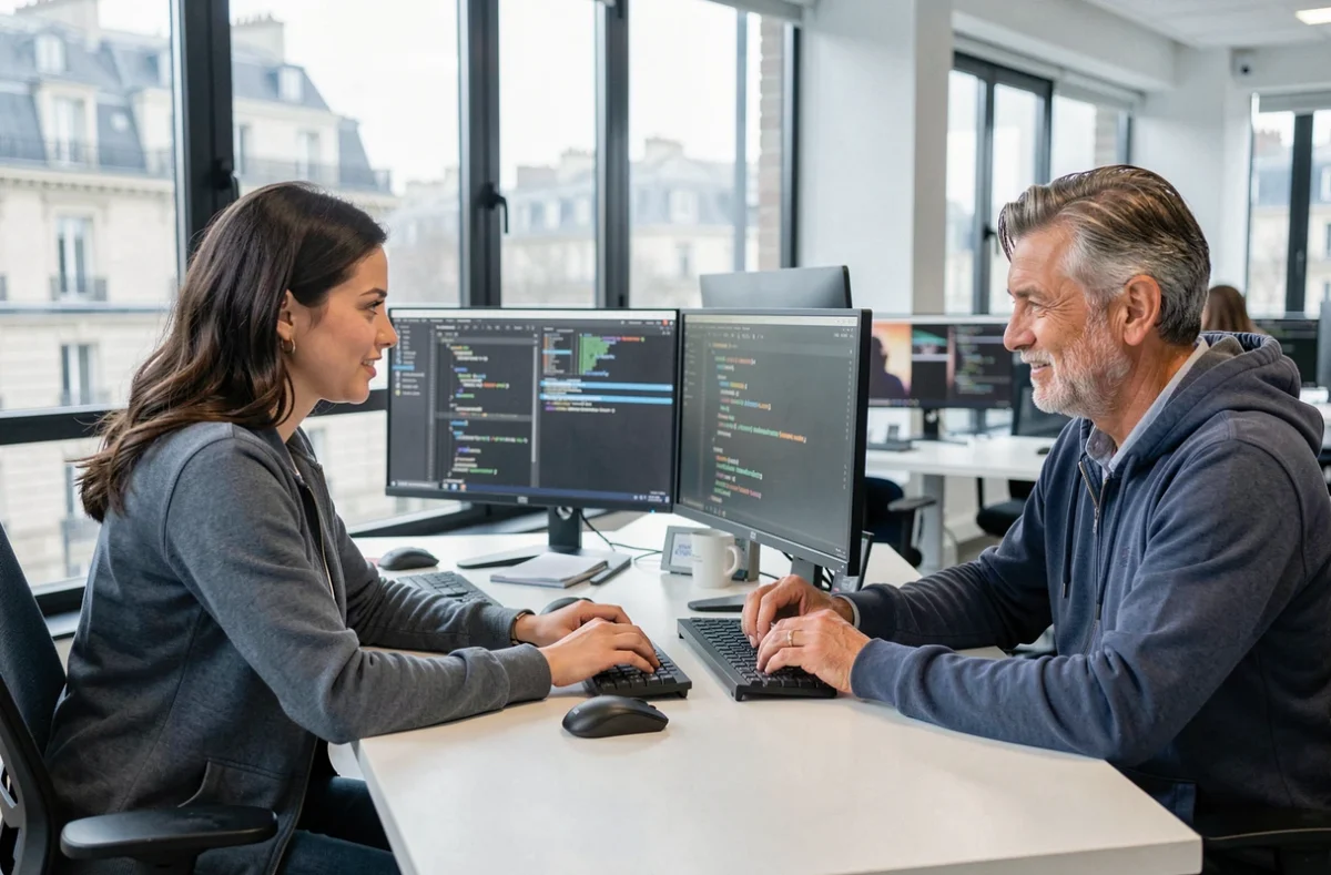 Deux spécialistes Synchrone en session de pair-programming devant des écrans de code dans un bureau parisien avec vue sur la Seine