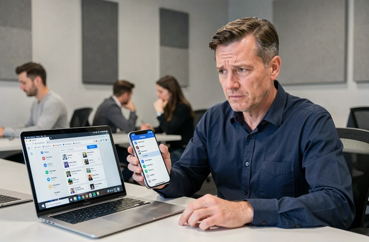 Homme comparant la synchronisation des marque-pages Firefox entre ordinateur et smartphone au bureau