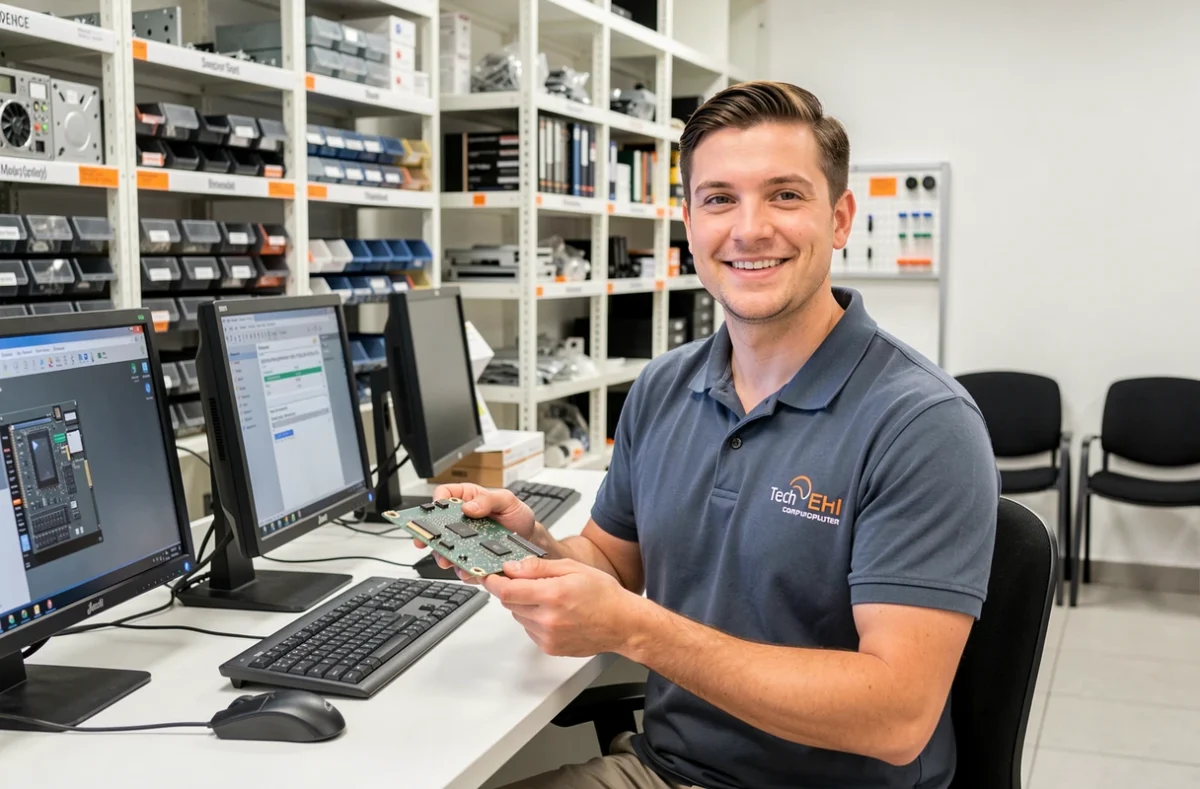 Technicien support Tech Computer en train d'inspecter une carte mère dans un centre de services informatiques parisien
