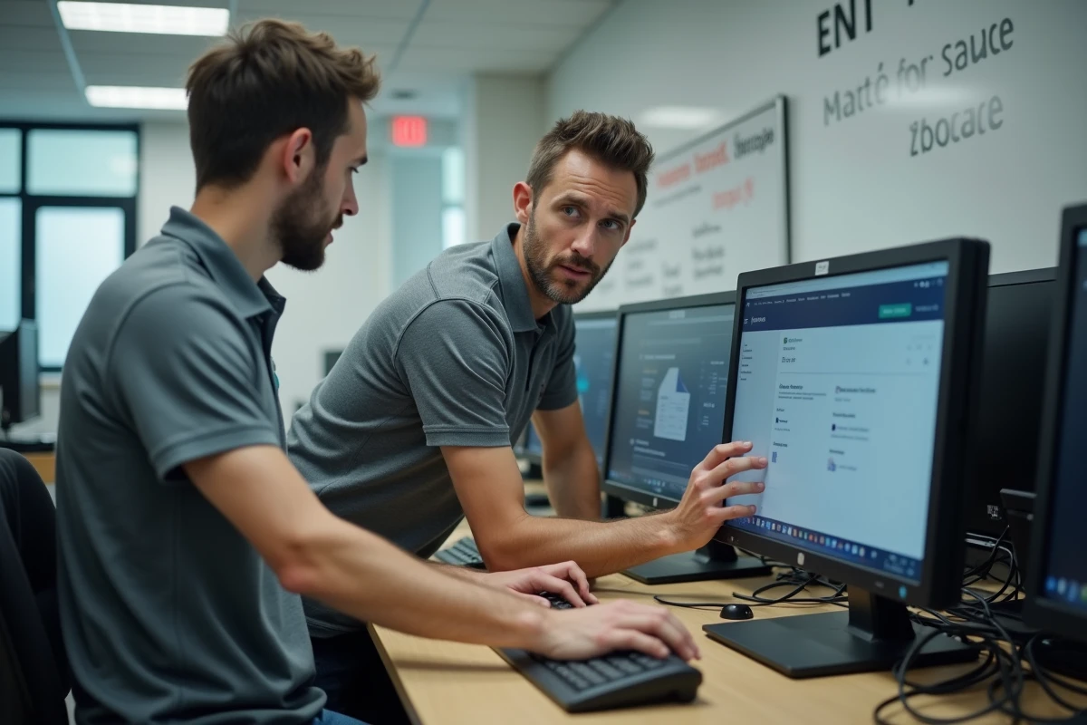 Technicien informatique aidant un collègue à configurer la synchronisation des mails sur l'ENT scolaire