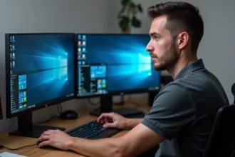 Technicien informatique configurant une machine virtuelle VMware avec Windows 7 sur un poste de travail multi-écrans