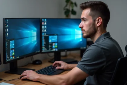 Technicien informatique configurant une machine virtuelle VMware avec Windows 7 sur un poste de travail multi-écrans