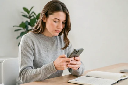 Femme testant les performances de la mise à jour iOS sur son iPhone à son bureau