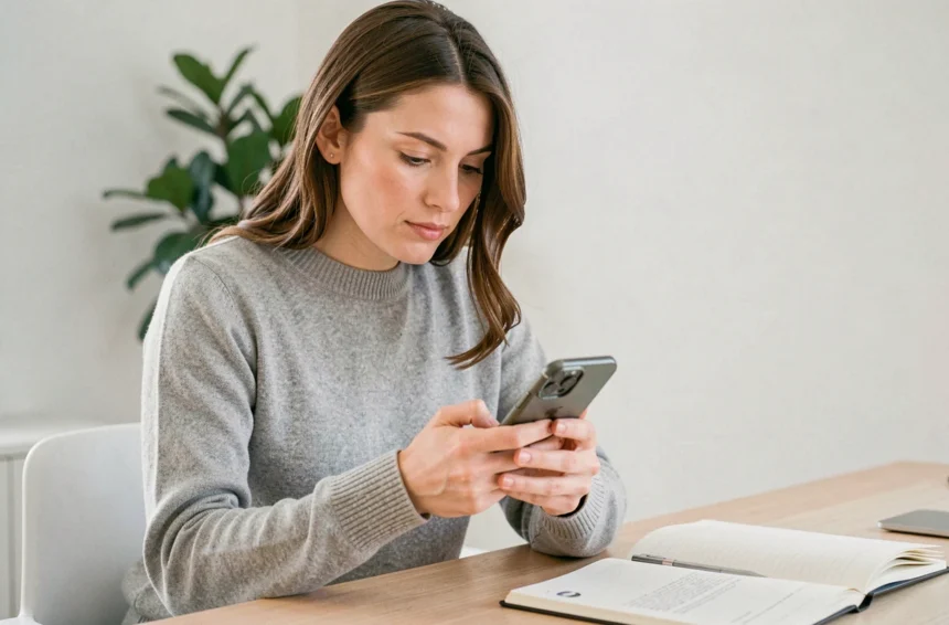 Femme testant les performances de la mise à jour iOS sur son iPhone à son bureau