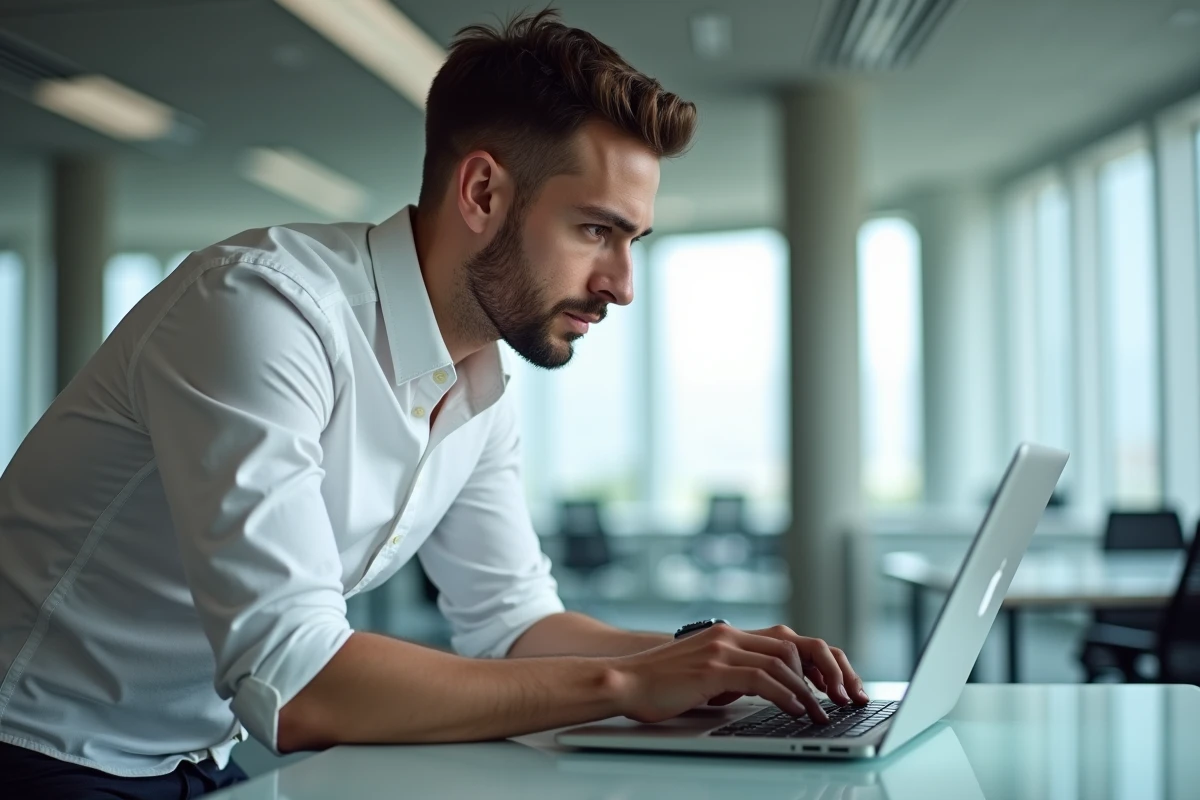 Homme en bureau open space effectuant un test de rapidité de frappe sur son clavier d'ordinateur portable