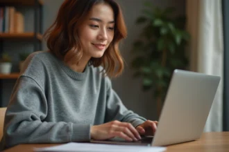 Jeune femme tapant rapidement sur le clavier d'un ordinateur portable lors d'un test de vitesse de frappe