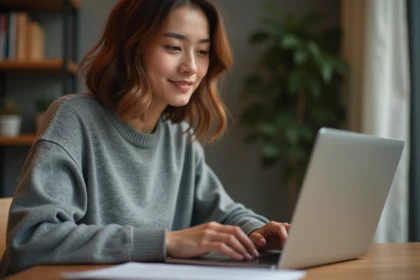 Jeune femme tapant rapidement sur le clavier d'un ordinateur portable lors d'un test de vitesse de frappe
