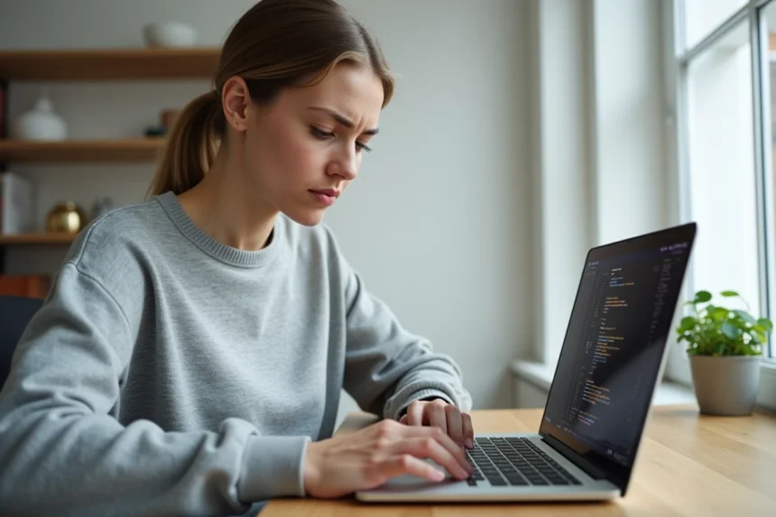 Femme appuyant sur la touche Maj gauche d'un MacBook Pro pour diagnostiquer un problème de touche Shift qui ne fonctionne que d'un côté