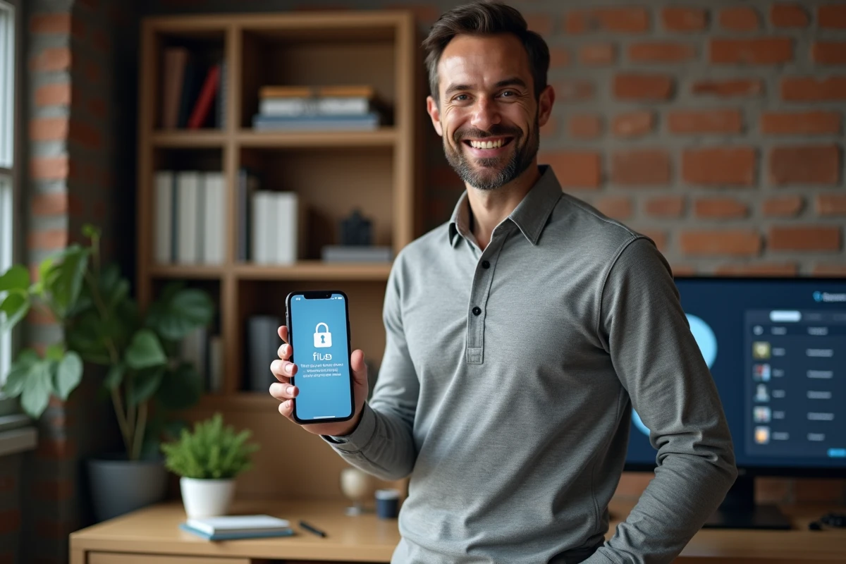 Homme utilisant un smartphone pour effectuer un transfert de fichiers sécurisé depuis son bureau à domicile, symbolisant la protection des données personnelles