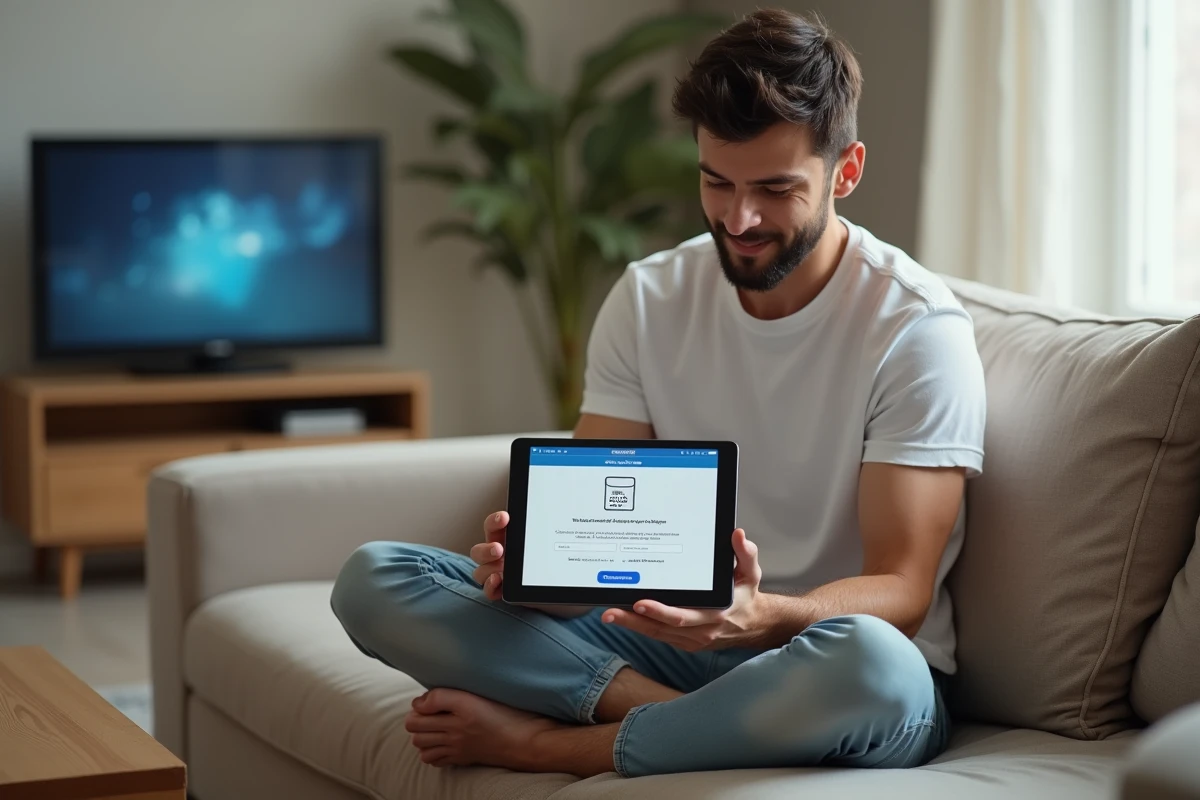 Jeune homme suivant un tutoriel de configuration Freebox sur une tablette dans un salon avec un routeur Freebox visible en fond