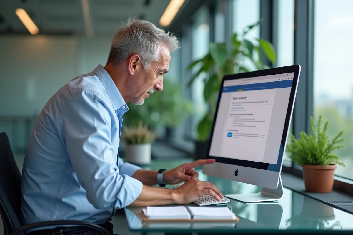 Homme consultant un tutoriel de récupération d'email supprimé sur un ordinateur de bureau au bureau