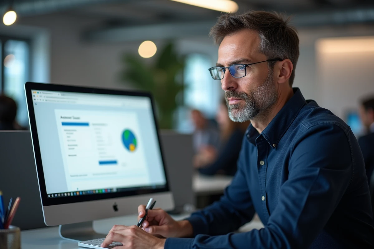 Homme en entreprise vérifiant la clôture de son compte Microsoft sur un ordinateur de bureau