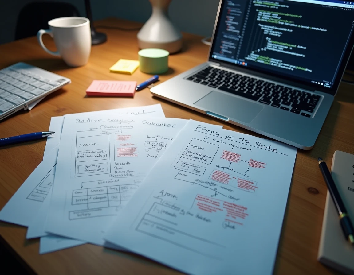 Vue aérienne d'un bureau avec diagrammes MCD annotés et code SQL affiché sur un ordinateur portable