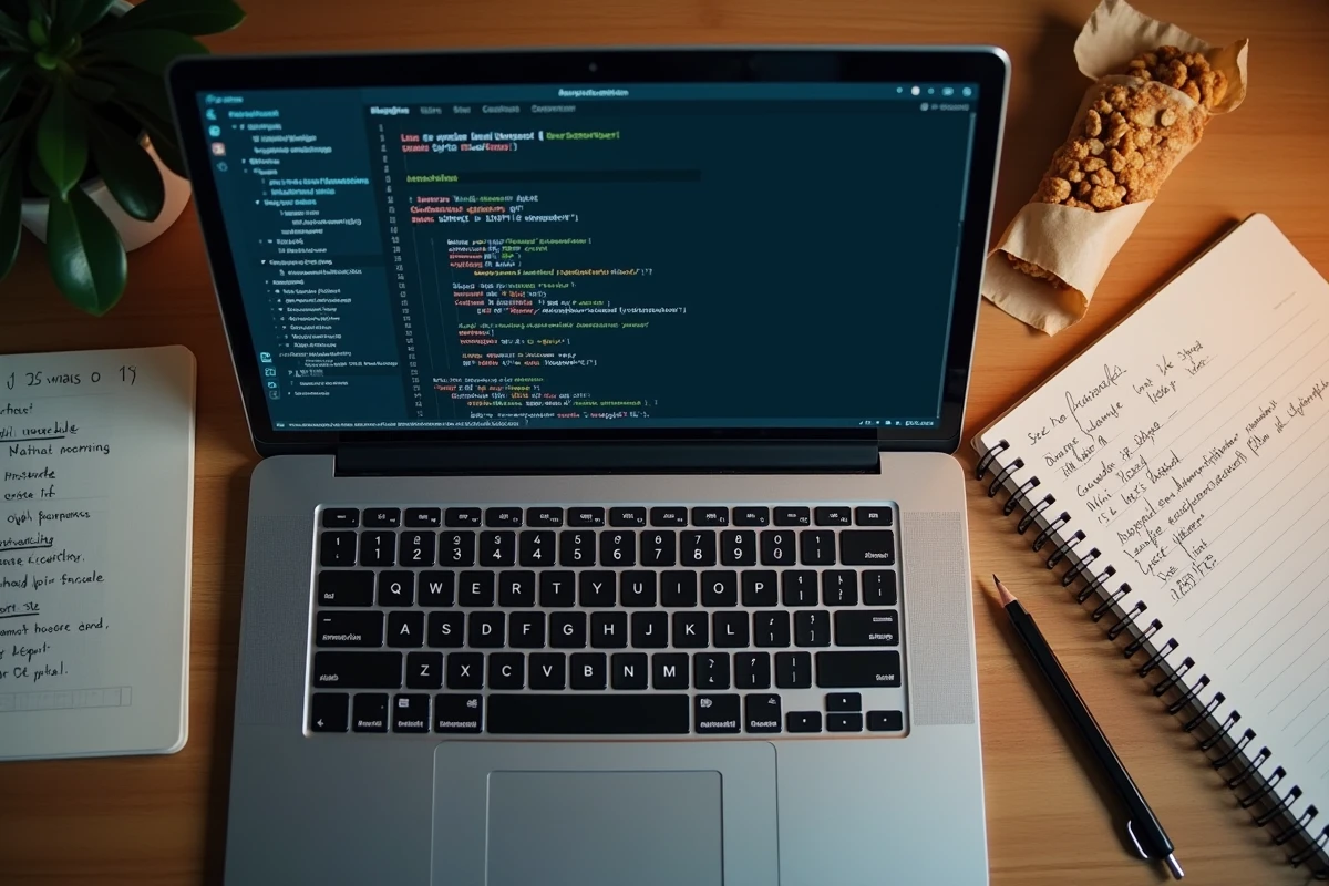 Vue aérienne d'un poste de travail avec un terminal Anaconda affichant des commandes pip install et conda create